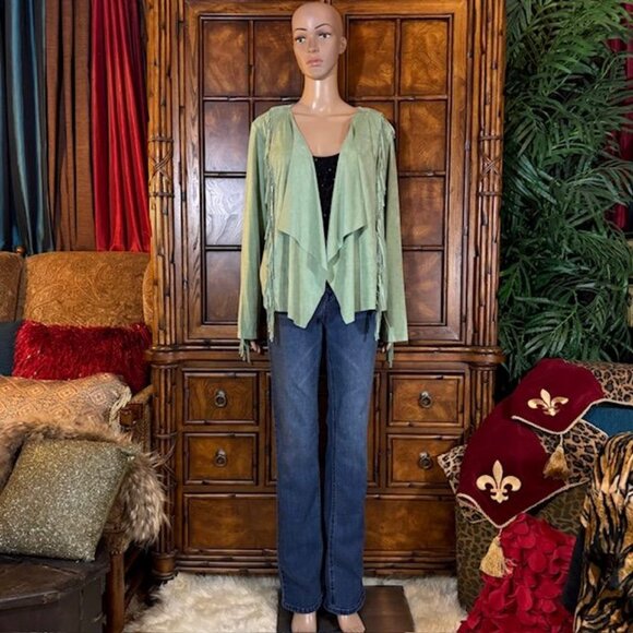 Colleen Lopez Pistachio Fringe Cascade Stretch Faux Suede Jacket Boho Western - Picture 6 of 11